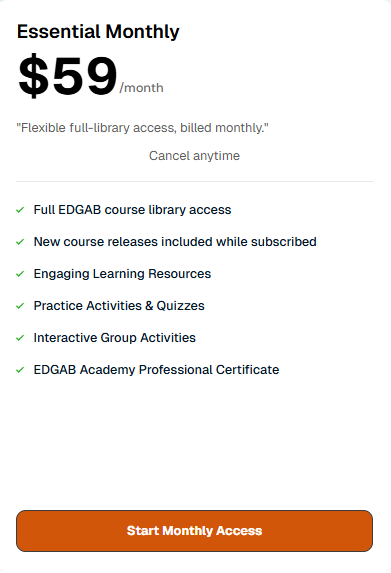 Subscription plan details for $59/month with features listed on a white background.