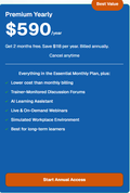 Premium yearly subscription offer of EDGAB Academy with pricing and benefits listed on a blue background