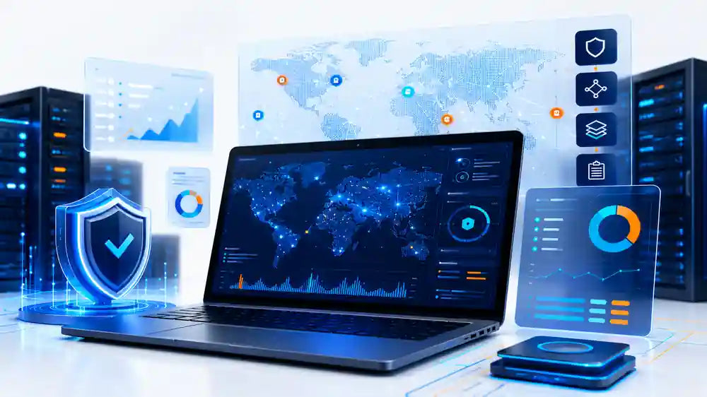 Ethical hacking and penetration testing course cover showing a professional cybersecurity lab, secure network analysis, risk assessment, and legal security testing.