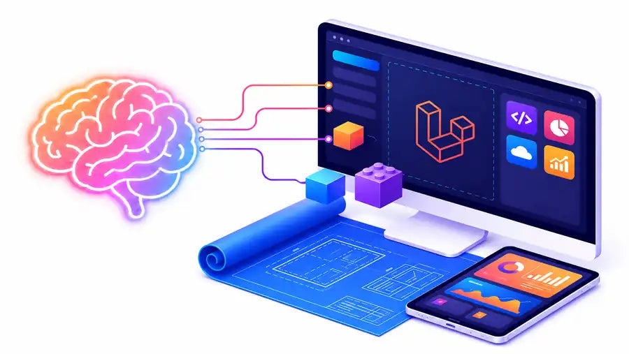 Hyper realistic AI web app builder course cover showing no-code SaaS app creation with Lovable, dashboards, backend logic, AI features, and launch workflow